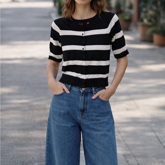 Red Sweaters - Red Black and White Striped Cardigan
